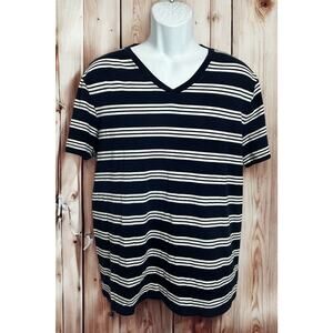 Men's GAP Navy Blue Striped V-Neck Tee Sz Large Short Sleeve Shirt Cotton